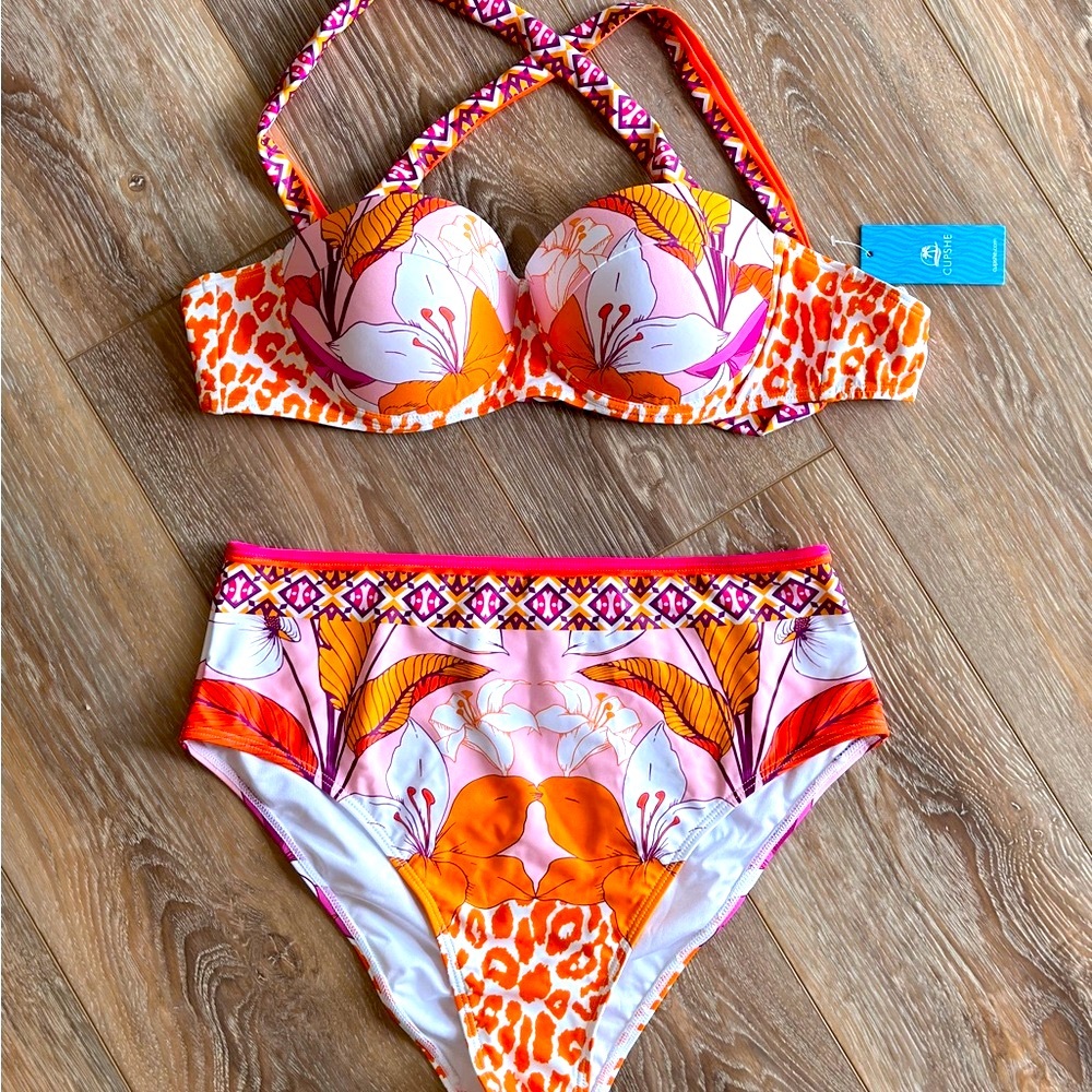 NWT Cupshe Floral and Animal Print Bikini Set Size Large